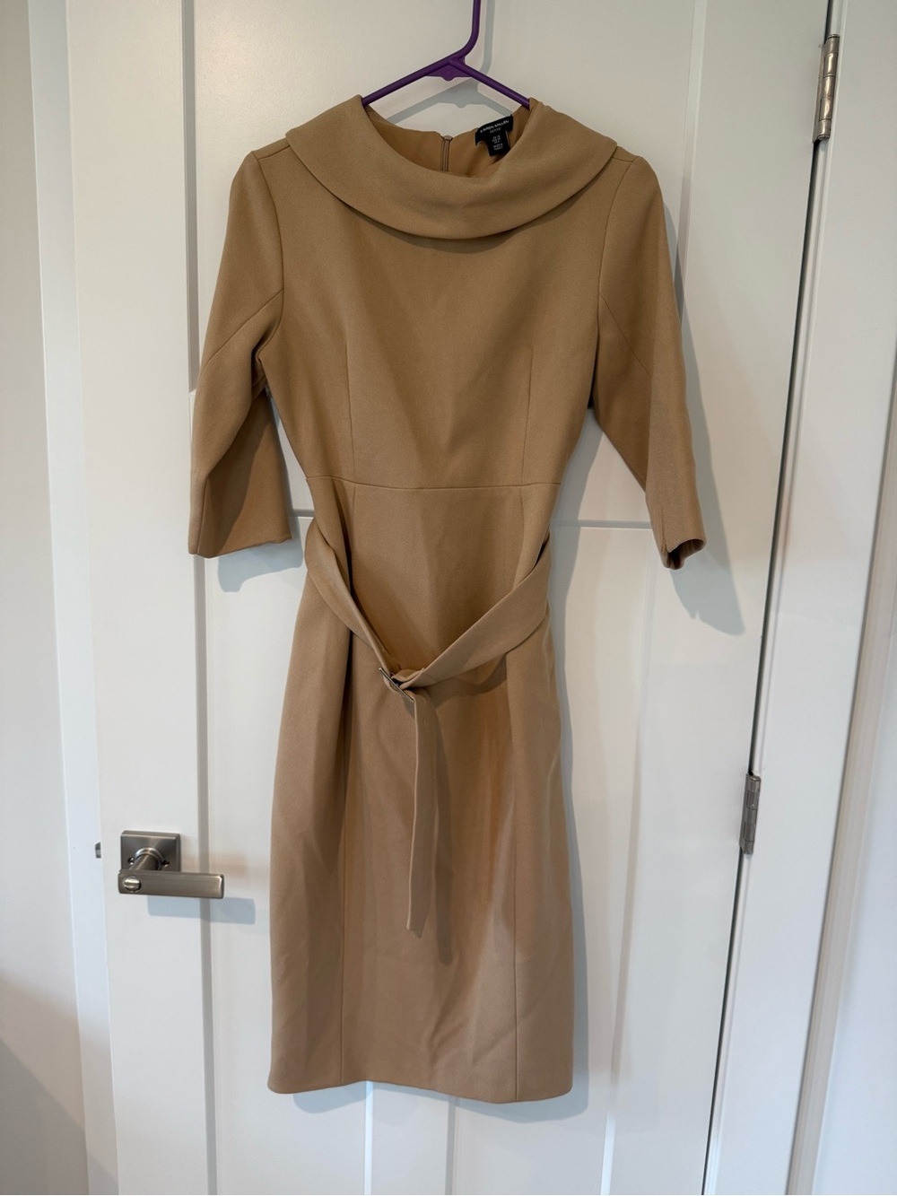 Karen Millen Camel Midi Crepe Structure Dress with Waist Tie 6 Petite